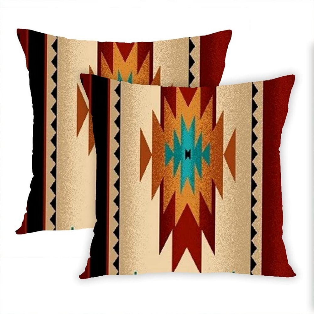 8967 Set of 2 Throw Pillow Covers Plush Square Tribal Fabric Print Brown